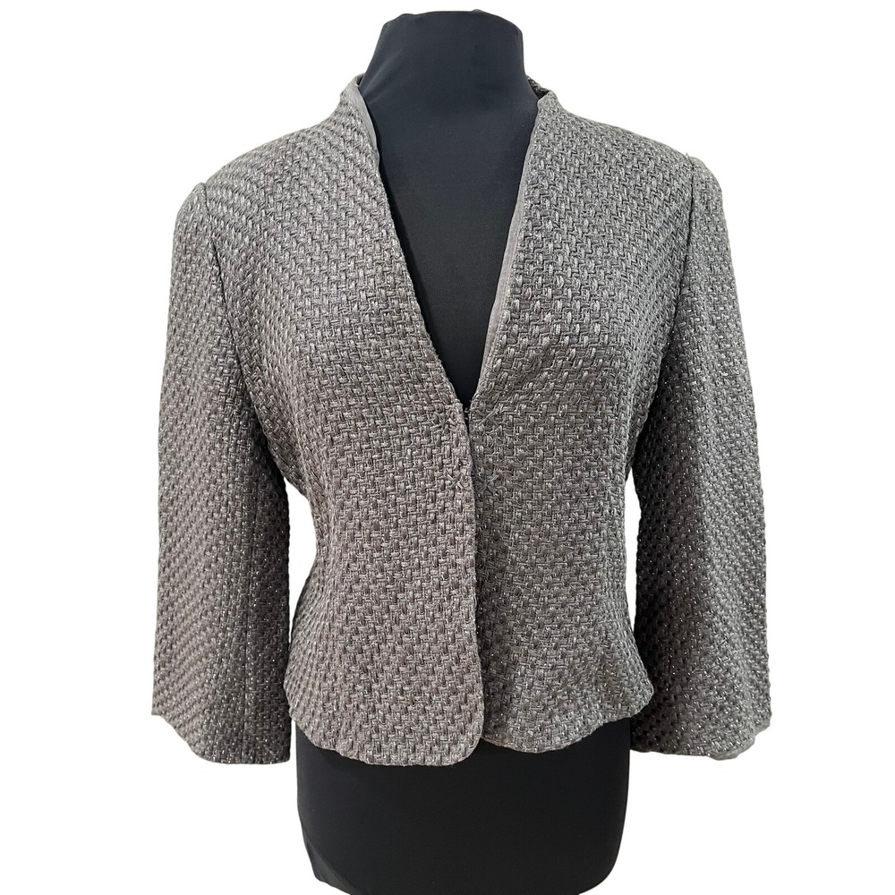 Armani Collezioni Womens Metallic Basketweave Blazer Jacket Silver Grey Size 14